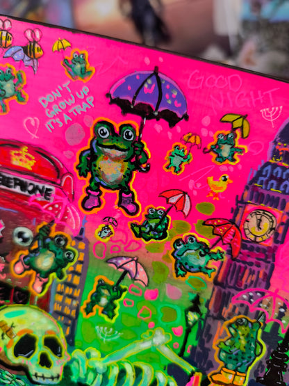 Cloudy with the Chance of Frogs – Surreal Frog Rain Original Artwork