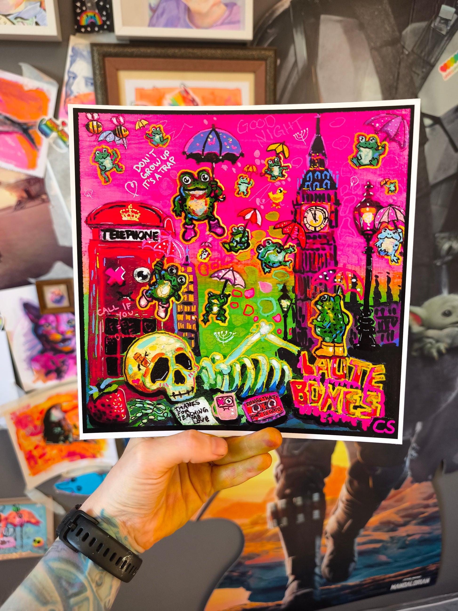 Surreal frog rain art print in Candy Decay style by Paintranger, colorful cute creepy artwork with frogs, umbrellas and whimsical rainy sky details