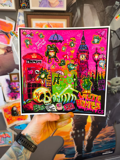 Surreal frog rain art print in Candy Decay style by Paintranger, colorful cute creepy artwork with frogs, umbrellas and whimsical rainy sky details