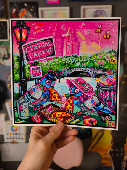 Surreal pigeon love art print in Candy Decay style by Paintranger, colorful cute creepy artwork with two pigeons having a candlelight dinner in Central Park New York