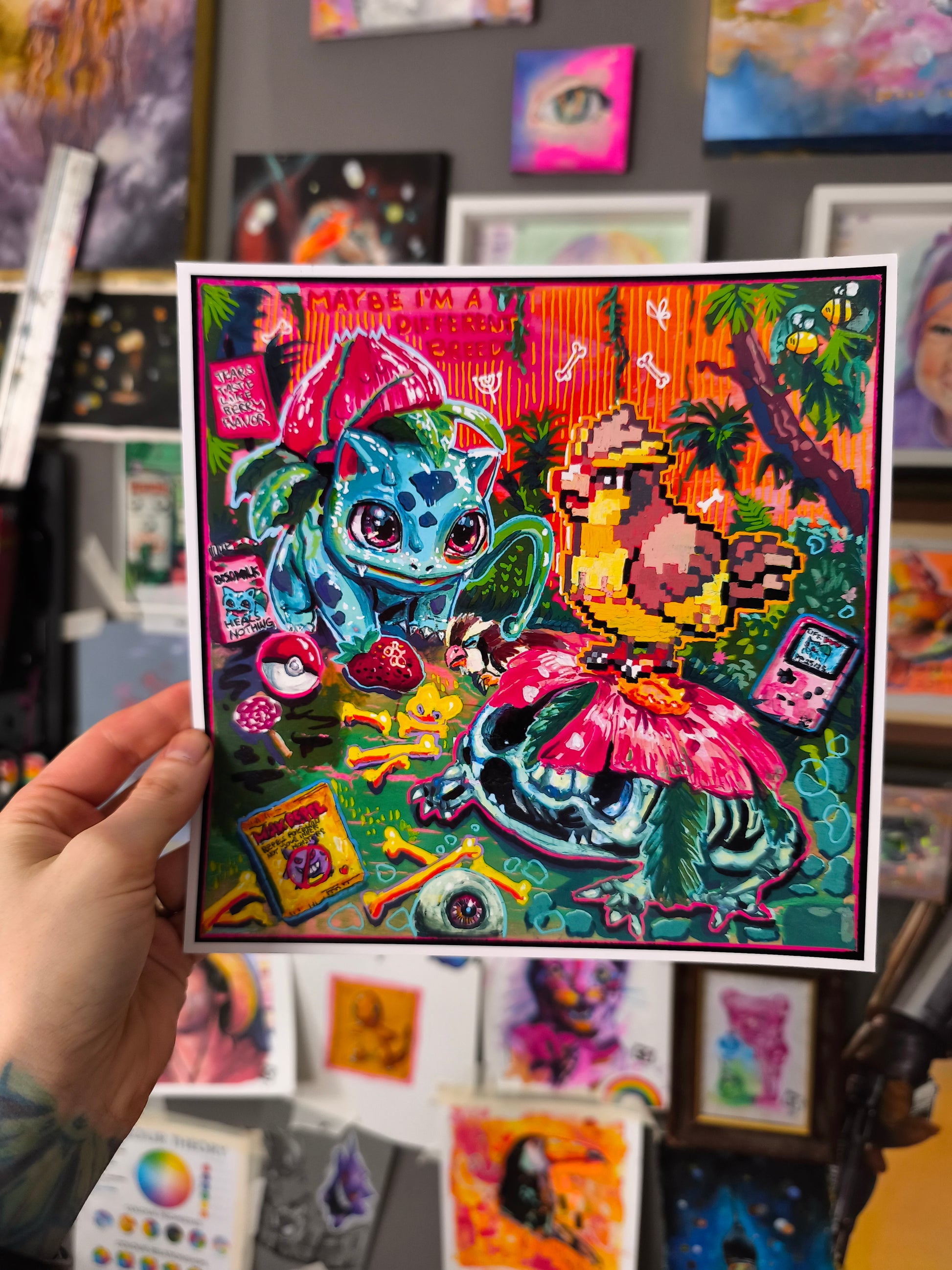 Colorful hand signed fantasy art print called Save Point 11:59 featuring cute creatures, pixel gaming nostalgia, bright candy colors, bones, flowers and a skeleton in a magical jungle scene.