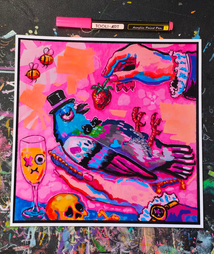 Surreal pigeon love art print in Candy Decay style by Paintranger, colorful cute creepy artwork with a pigeon being fed a strawberry and whimsical bittersweet details