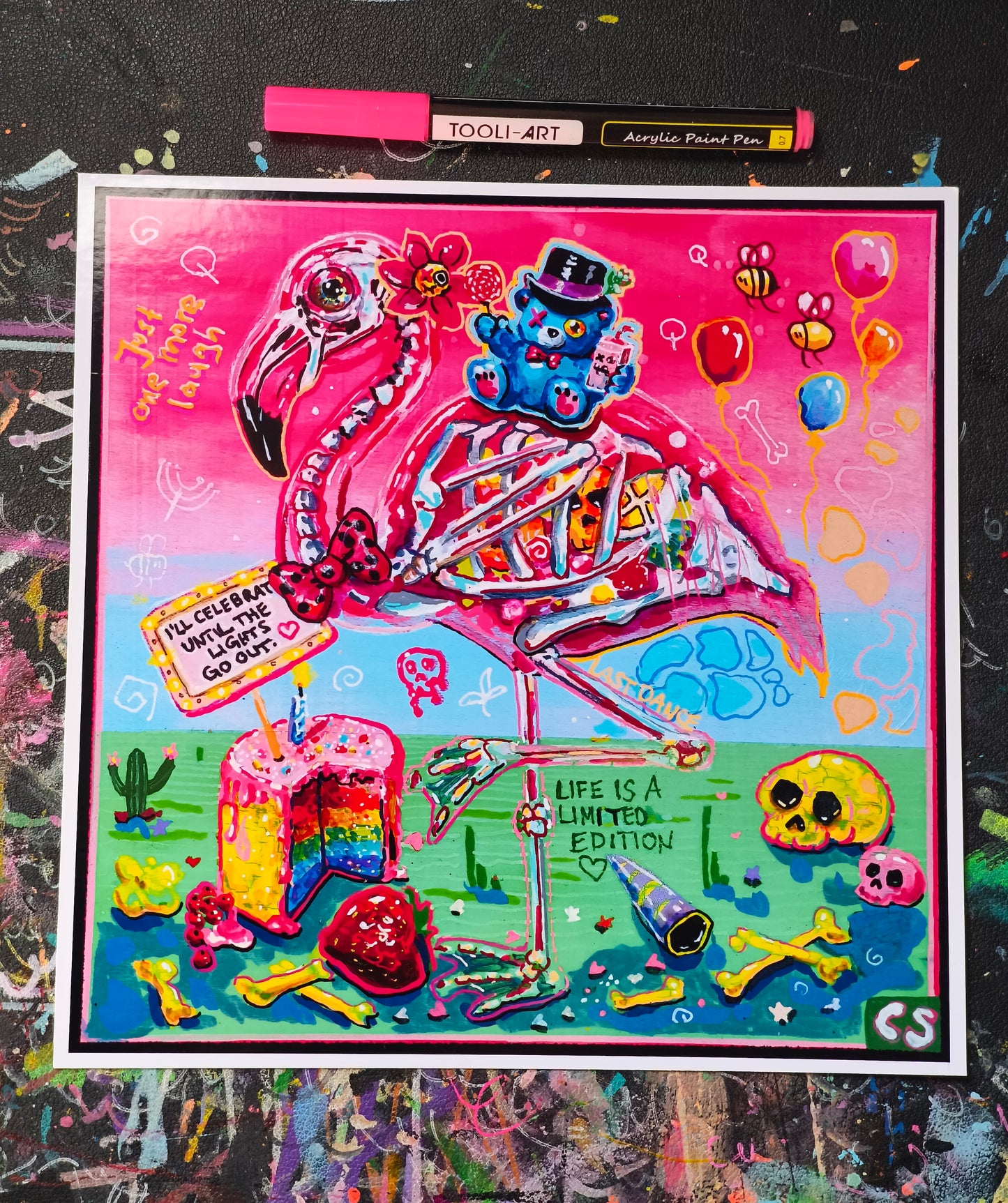 Colorful surreal skeleton flamingo art print in Candy Decay style by Paintranger, cute creepy animal artwork about life and impermanence