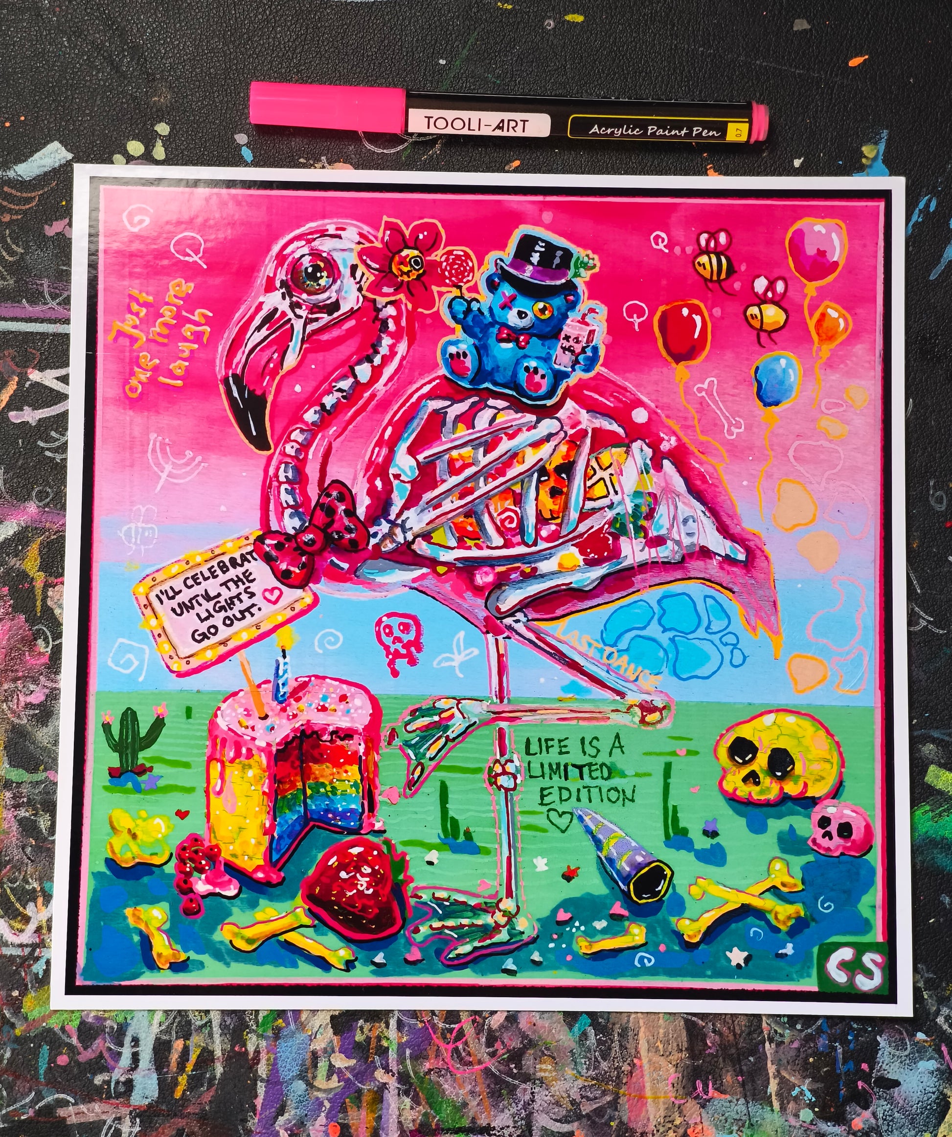 Colorful surreal skeleton flamingo art print in Candy Decay style by Paintranger, cute creepy animal artwork about life and impermanence