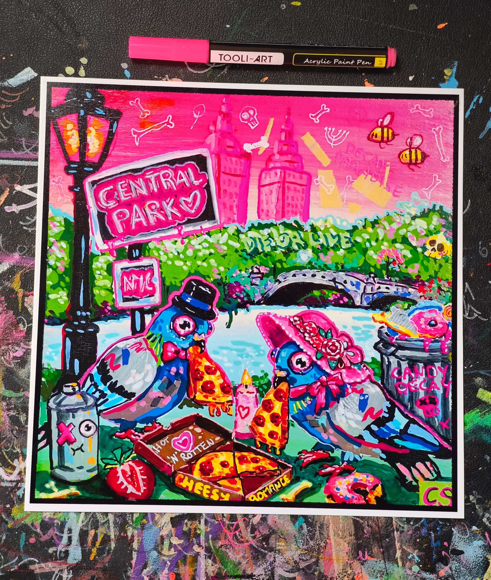 Surreal pigeon love art print in Candy Decay style by Paintranger, colorful cute creepy artwork with two pigeons having a candlelight dinner in Central Park New York