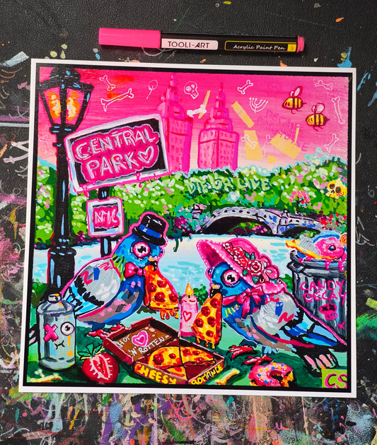 Surreal pigeon love art print in Candy Decay style by Paintranger, colorful cute creepy artwork with two pigeons having a candlelight dinner in Central Park New York