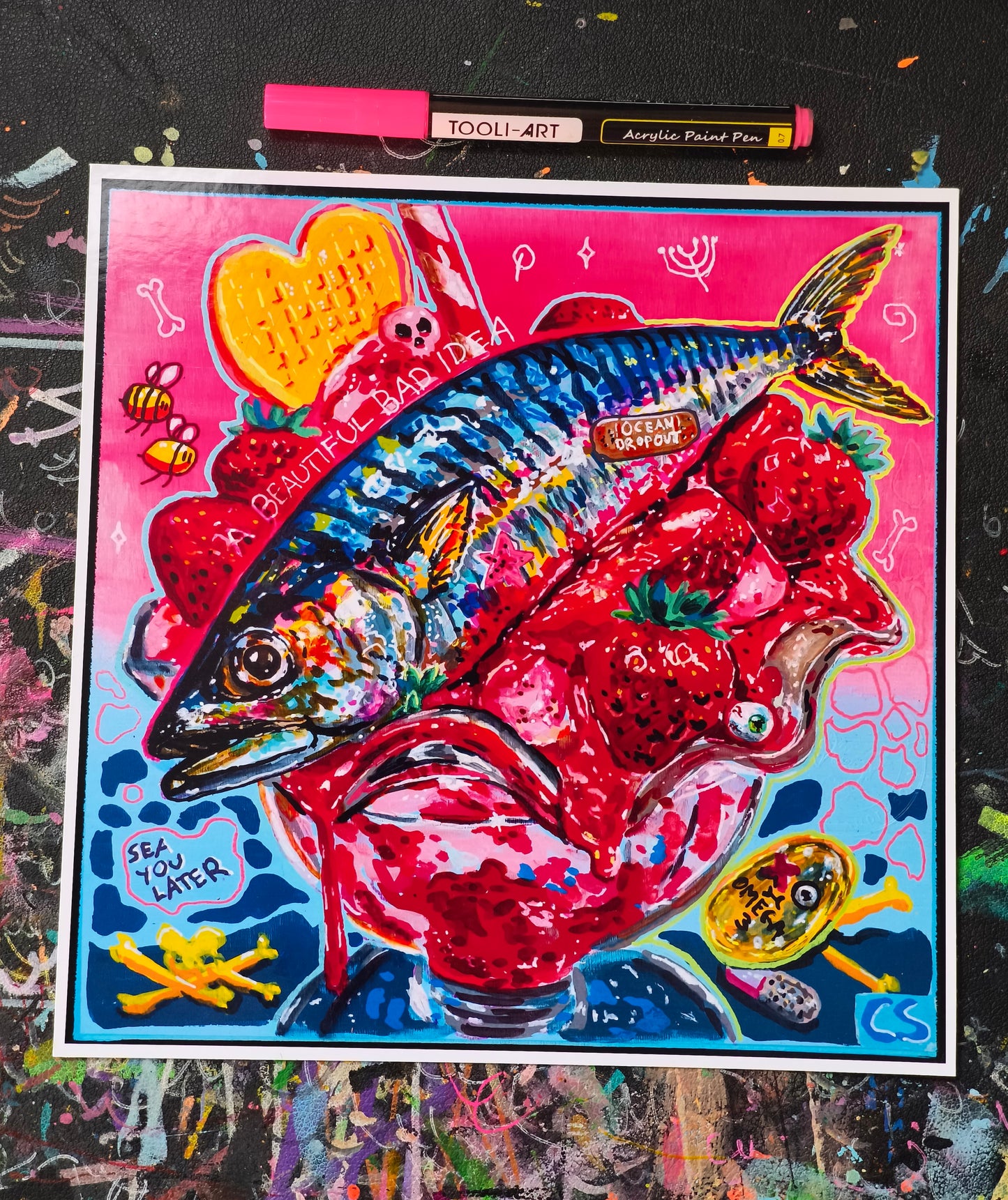 Surreal fish ice cream art print in Candy Decay style by Paintranger, colorful cute creepy mackerel artwork with strawberry dessert details