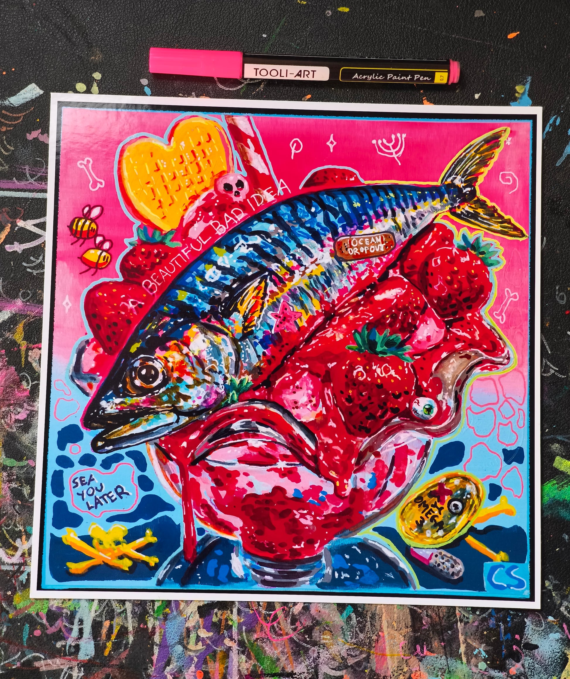 Surreal fish ice cream art print in Candy Decay style by Paintranger, colorful cute creepy mackerel artwork with strawberry dessert details