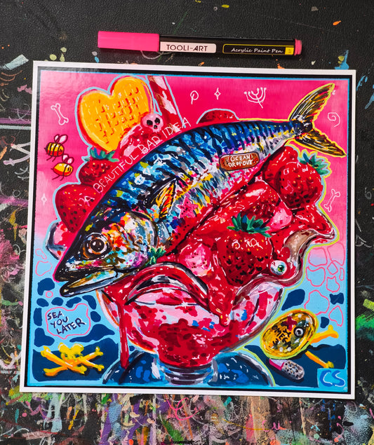 Surreal fish ice cream art print in Candy Decay style by Paintranger, colorful cute creepy mackerel artwork with strawberry dessert details