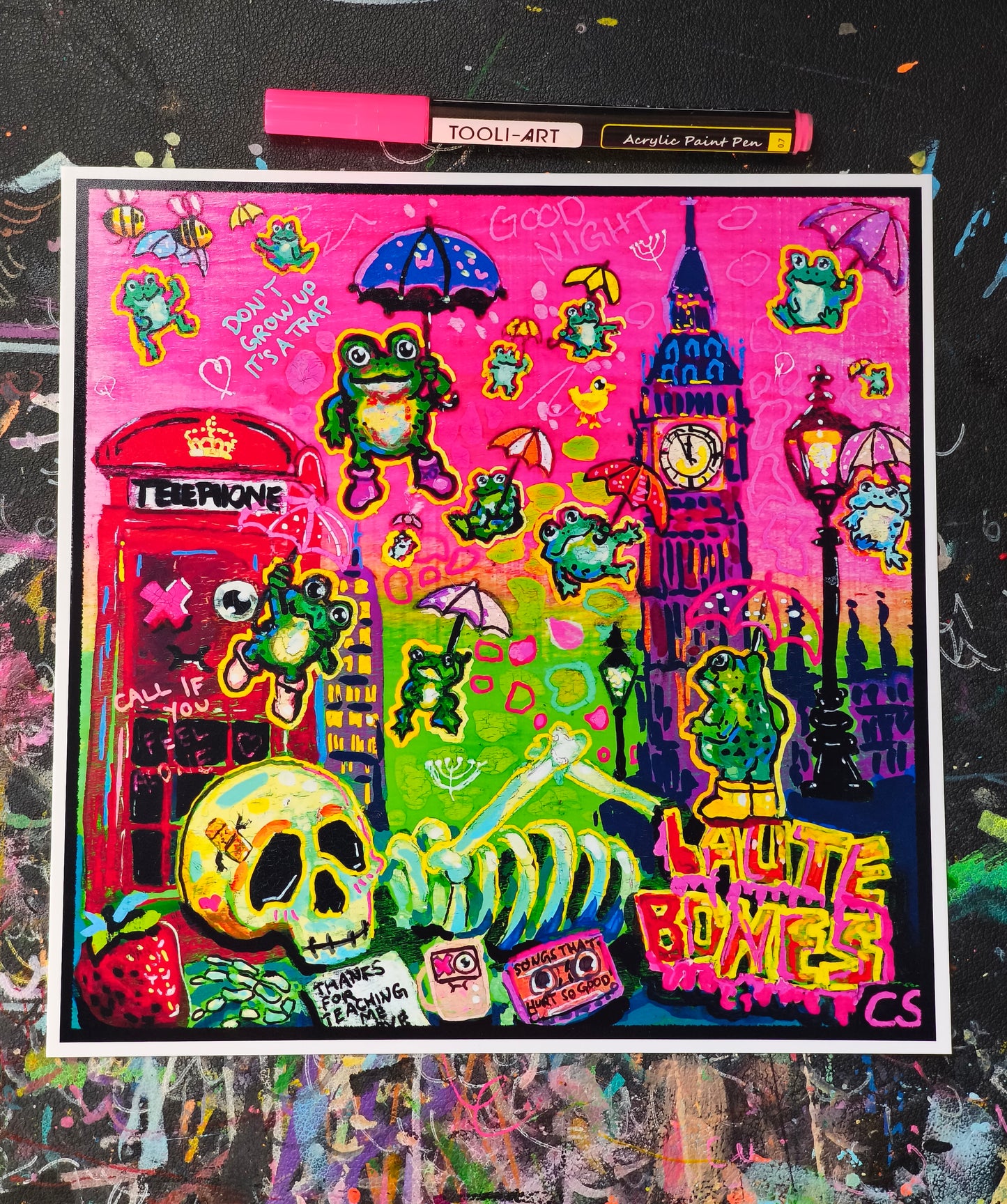 Surreal frog rain art print in Candy Decay style by Paintranger, colorful cute creepy artwork with frogs, umbrellas and whimsical rainy sky details