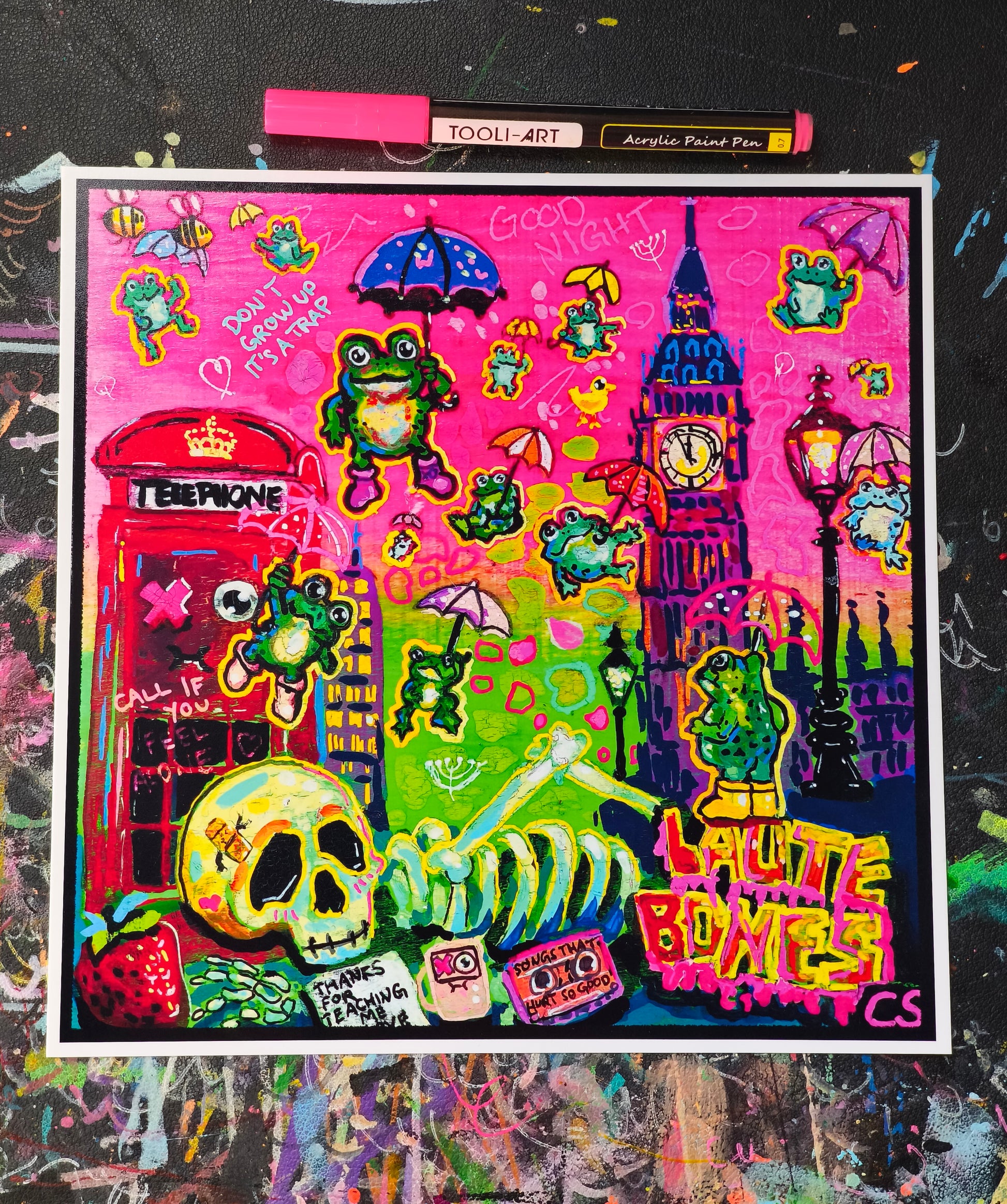 Surreal frog rain art print in Candy Decay style by Paintranger, colorful cute creepy artwork with frogs, umbrellas and whimsical rainy sky details