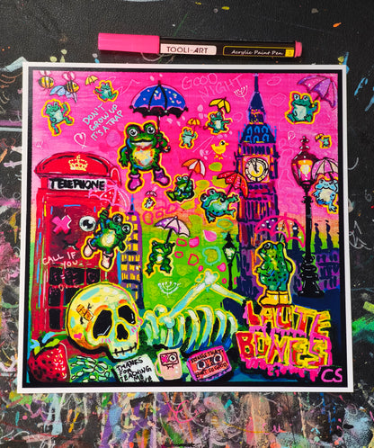 Surreal frog rain art print in Candy Decay style by Paintranger, colorful cute creepy artwork with frogs, umbrellas and whimsical rainy sky details