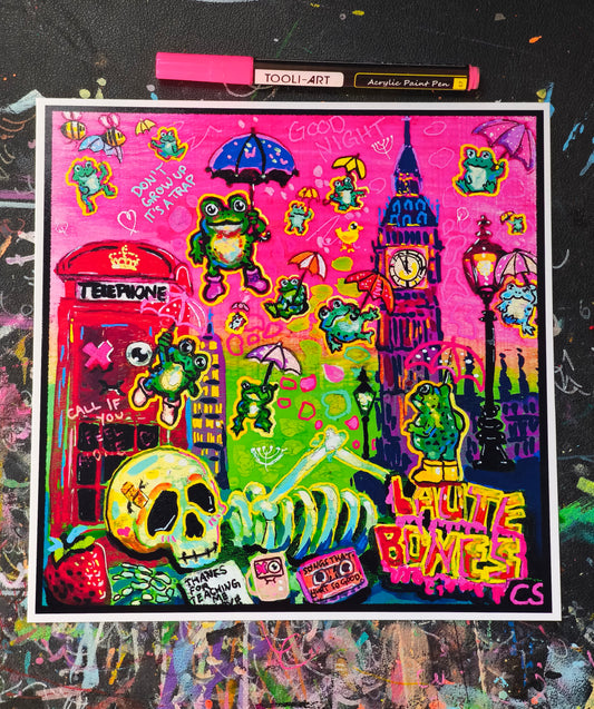 Surreal frog rain art print in Candy Decay style by Paintranger, colorful cute creepy artwork with frogs, umbrellas and whimsical rainy sky details