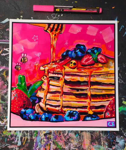 Cute bee pancake art print in Candy Decay style by Paintranger, colorful whimsical artwork with bees, pancakes and sweet surreal food details
