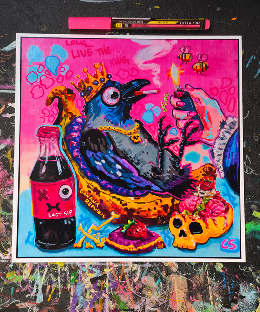 Colorful surreal crow artwork featuring a bird on a banana throne surrounded by bones, candy colors and playful creepy cute details. A vibrant hand signed Candy Decay art print mixing animal fantasy, humor and dark whimsical storytelling.