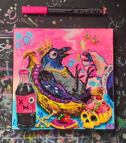 Surreal crow throne original artwork in Candy Decay style by Paintranger, colorful cute creepy painting on wood panel with crow, banana throne and dark whimsical details
