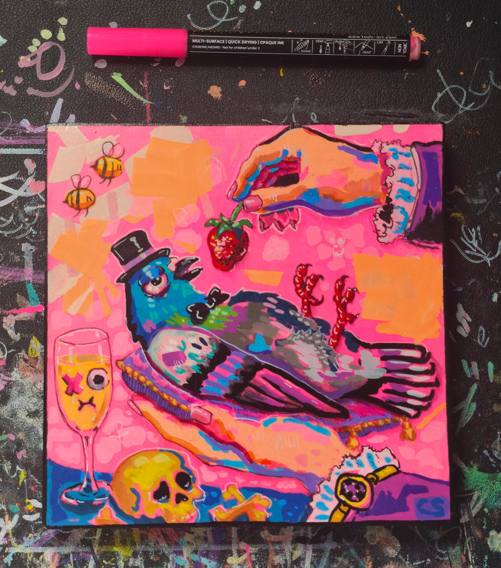 Surreal pigeon love original artwork in Candy Decay style by Paintranger, colorful cute creepy painting on wood panel with pigeon, strawberry and bittersweet emotional details