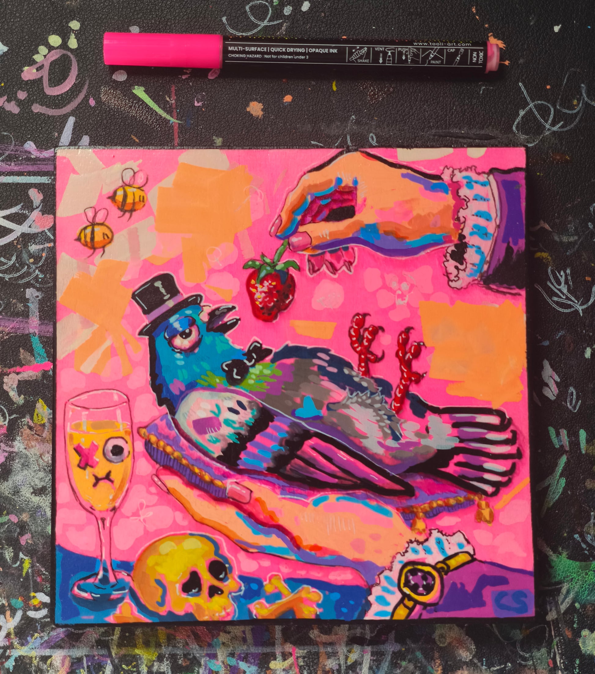 Surreal pigeon love original artwork in Candy Decay style by Paintranger, colorful cute creepy painting on wood panel with pigeon, strawberry and bittersweet emotional details