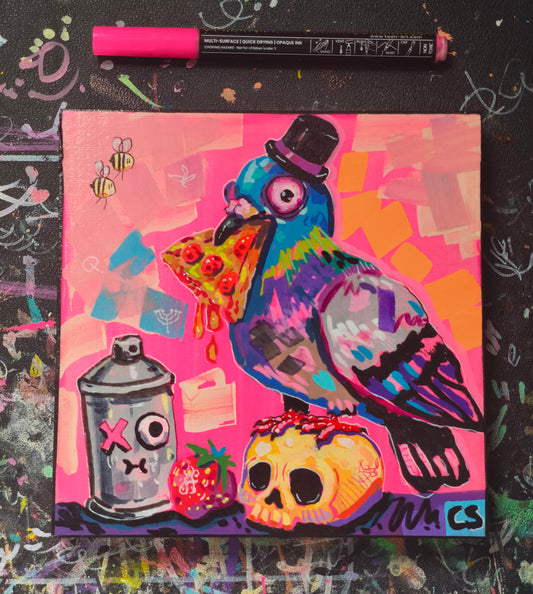 Cute pizza pigeon original artwork in Candy Decay style by Paintranger, colorful cute creepy painting on wood panel with signature pigeon character, hat and pizza details