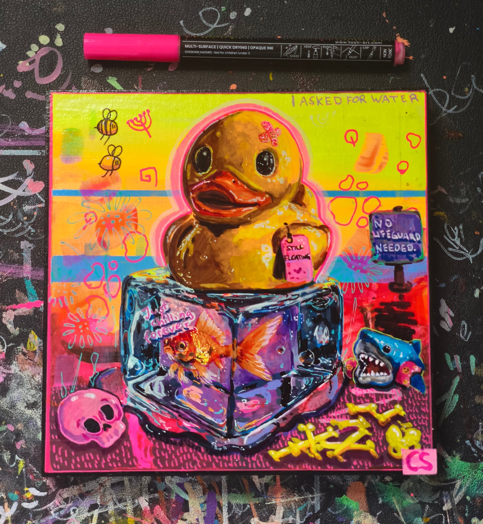 Colorful hand-painted Candy Decay artwork showing a yellow rubber duck sitting on a melting ice cube with a goldfish frozen inside. A bittersweet surreal scene with bright candy colors, glossy details and a mix of cute nostalgia and dark humor.