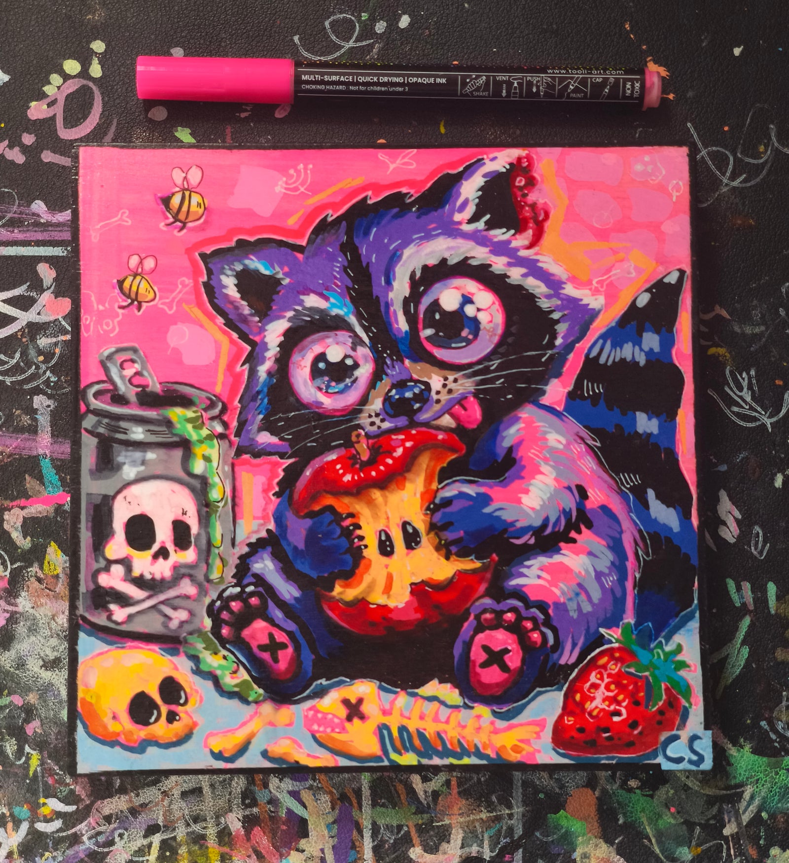 Surreal raccoon original artwork in Candy Decay style by Paintranger, colorful cute creepy animal painting about scavenging, sweetness and decay