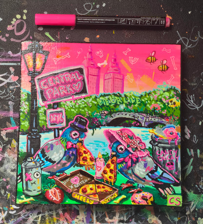 Surreal pigeon love original artwork in Candy Decay style by Paintranger, colorful cute creepy painting on wood panel with two pigeons having a candlelight dinner in Central Park New York