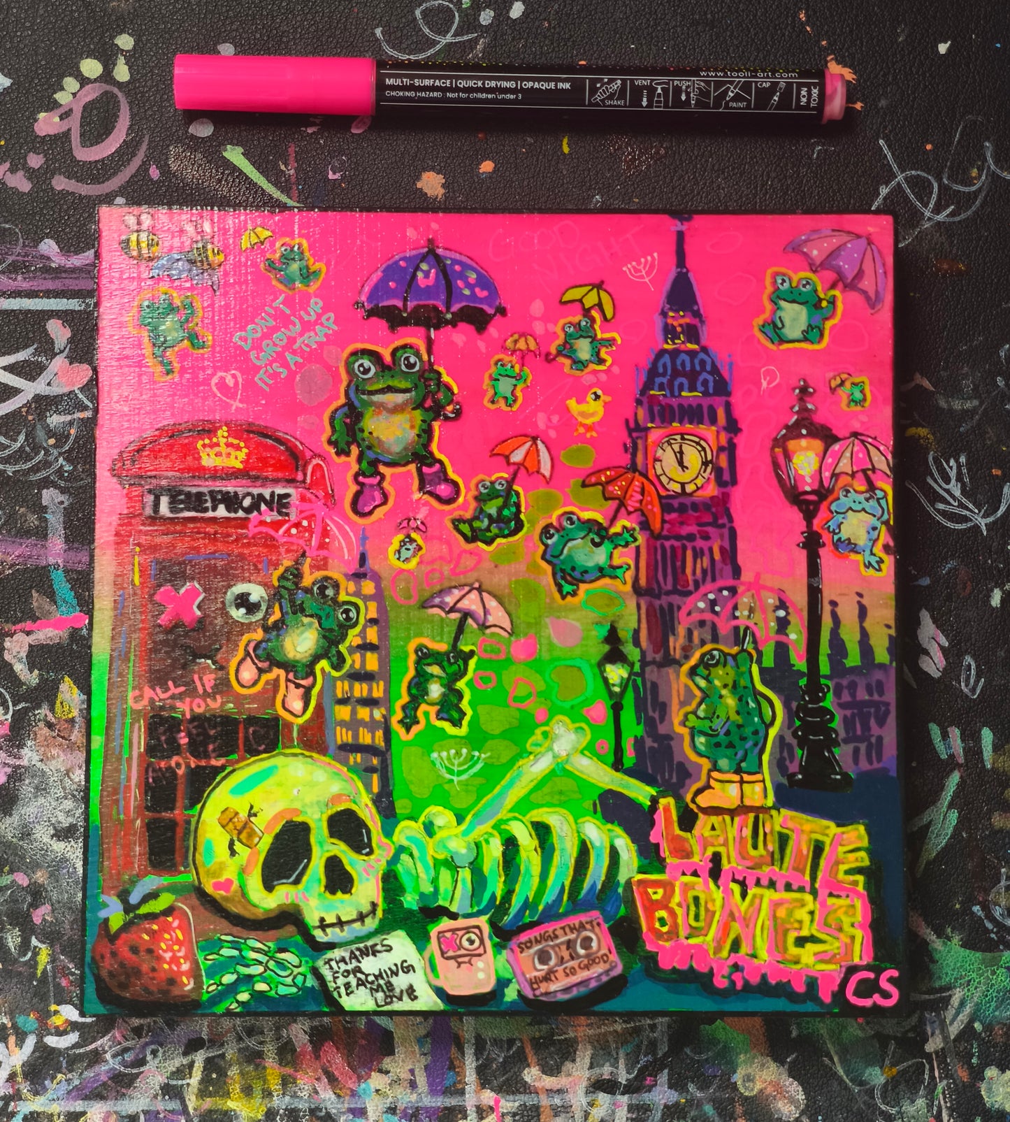Surreal frog rain original artwork in Candy Decay style by Paintranger, colorful cute creepy painting on wood panel with frogs, umbrellas and whimsical rainy sky details