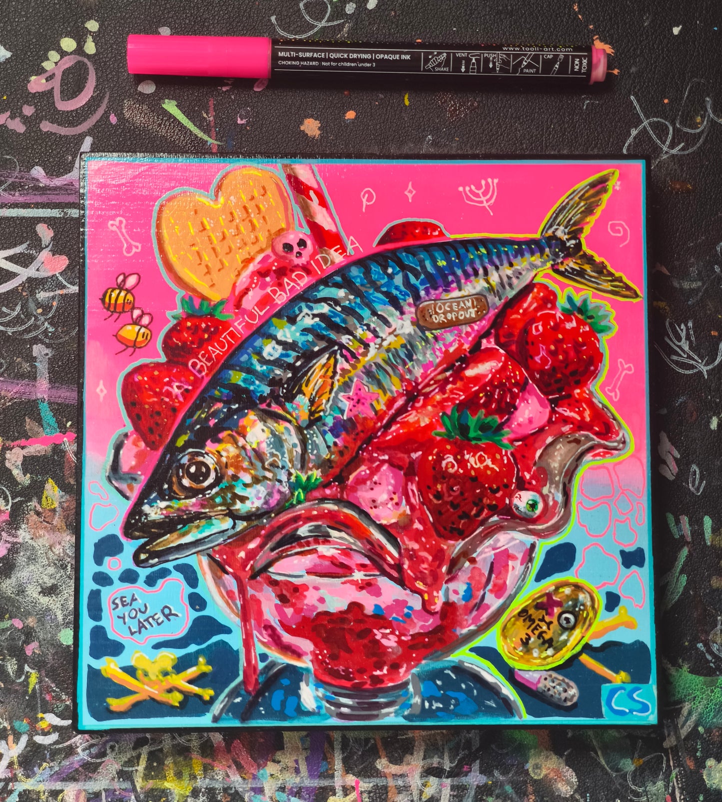 Surreal fish ice cream original artwork in Candy Decay style by Paintranger, colorful cute creepy mackerel painting on wood panel with strawberry dessert details
