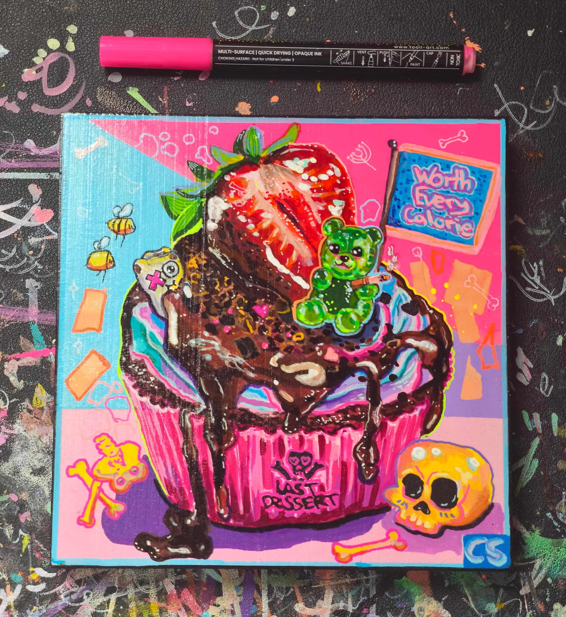 Cute creepy skull cupcake original artwork in Candy Decay style by Paintranger, colorful surreal dessert painting on wood panel with smoking gummy bear and dark cute details