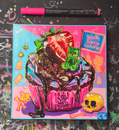 Cute creepy skull cupcake original artwork in Candy Decay style by Paintranger, colorful surreal dessert painting on wood panel with smoking gummy bear and dark cute details