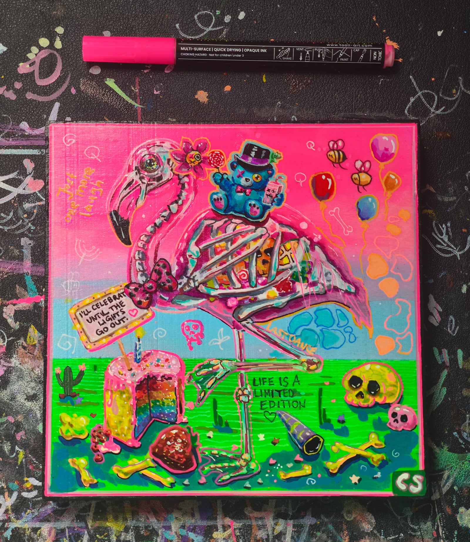 Surreal skeleton flamingo original artwork in Candy Decay style by Paintranger, colorful cute creepy painting on wood panel about celebration, life and impermanence