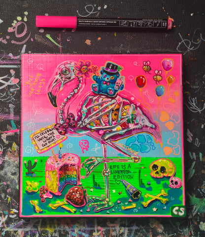 Surreal skeleton flamingo original artwork in Candy Decay style by Paintranger, colorful cute creepy painting on wood panel about celebration, life and impermanence