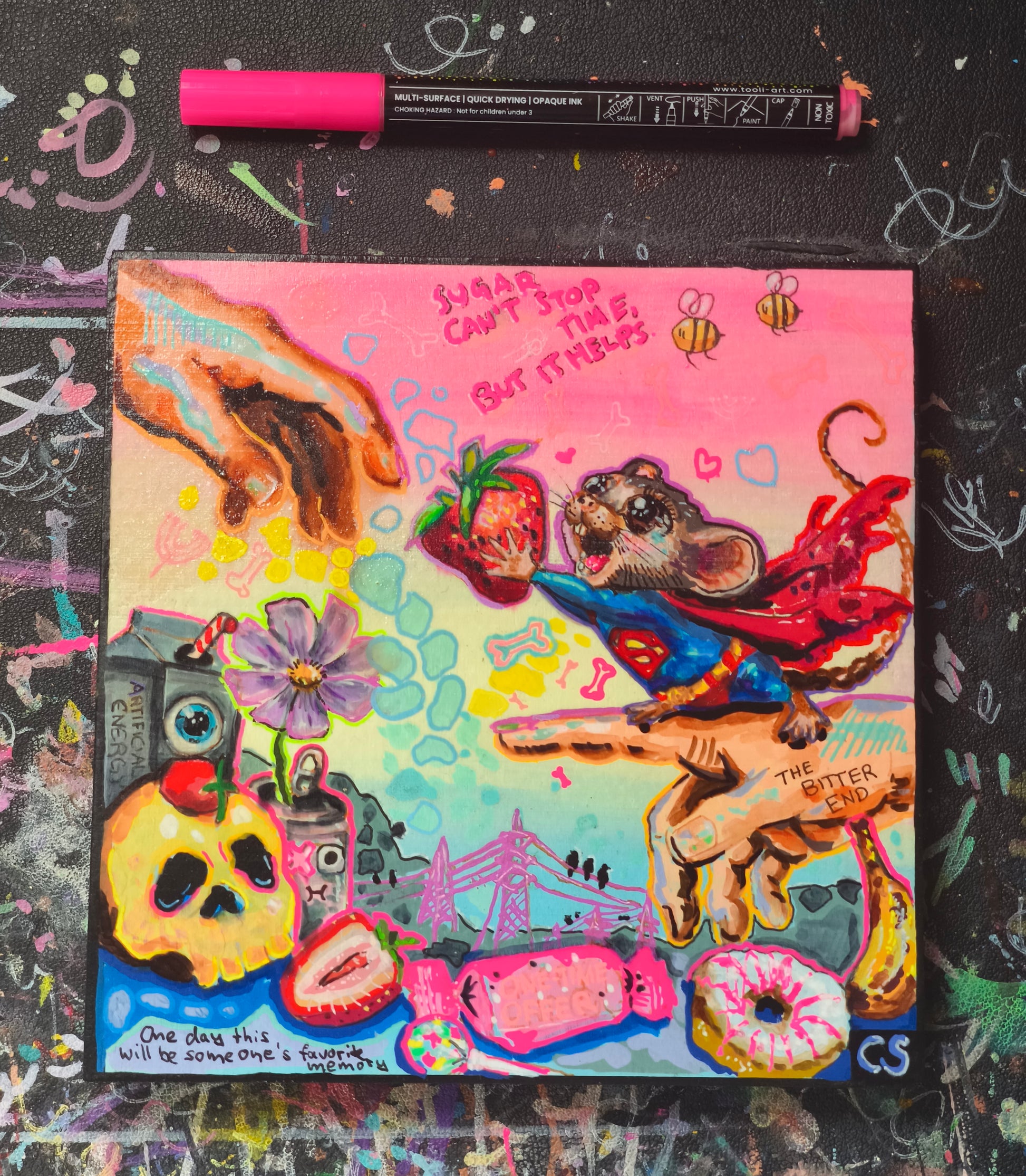 Original 15x15 cm Candy Decay artwork by Paintranger. A colorful surreal mixed media painting about creation, beauty, time and impermanence.