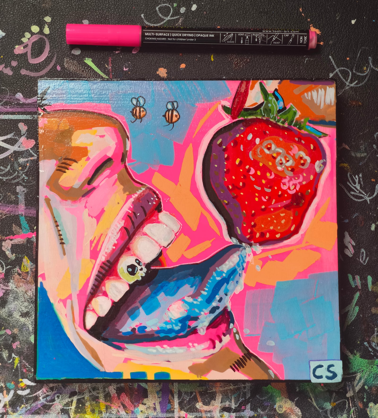 Surreal strawberry original artwork in Candy Decay style by Paintranger, colorful cute creepy painting on wood panel with tongue, strawberry and bittersweet surreal details
