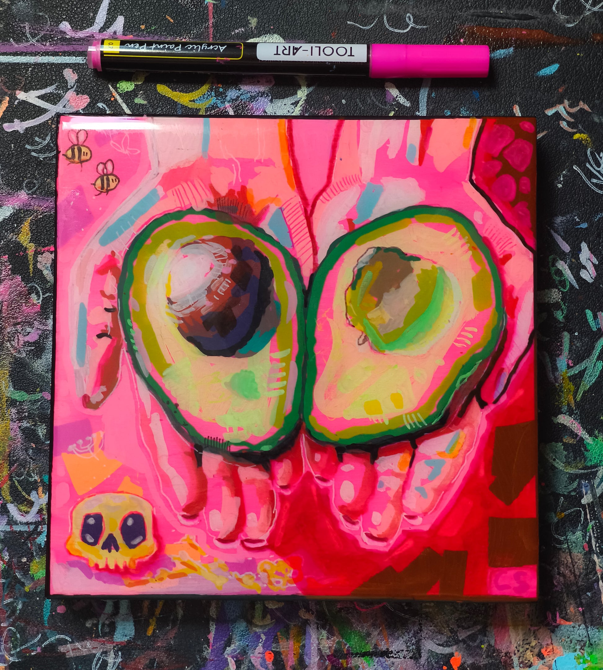 Surreal avocado original artwork in Candy Decay style by Paintranger, colorful cute creepy painting on wood panel with avocado, hands and whimsical food details
