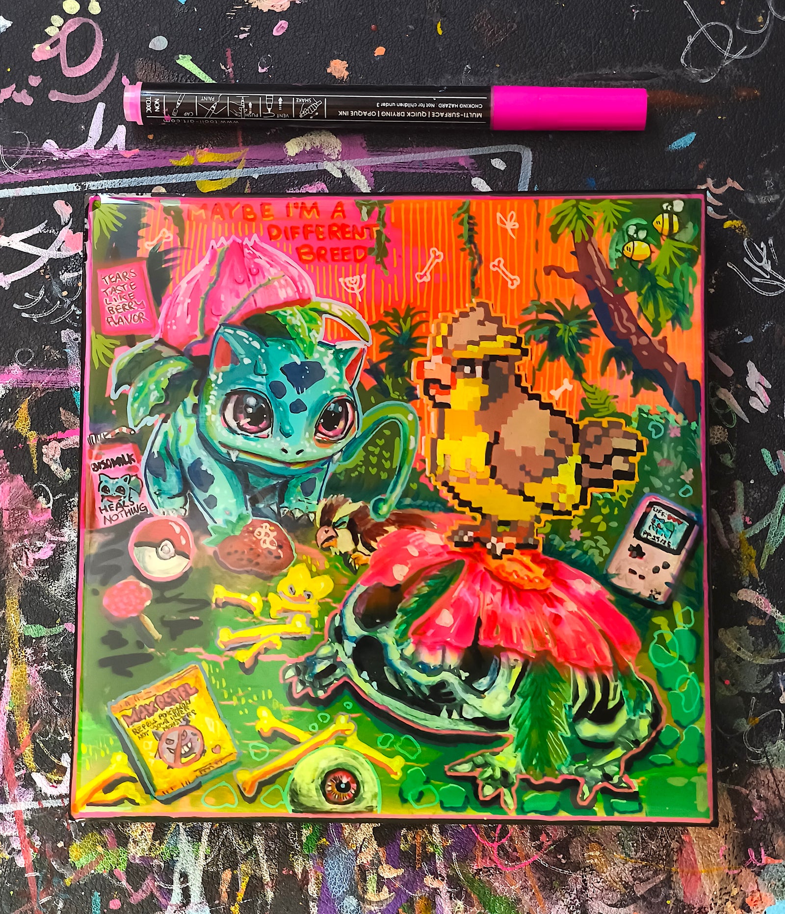 Original Candy Decay mixed media painting titled Save Point 11:59 featuring a surreal video game-inspired scene with Bulbasaur evolution, vibrant neon colors and a glossy resin finish on a 15 × 15 cm wooden panel.