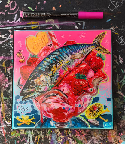 Surreal fish ice cream original artwork in Candy Decay style by Paintranger, colorful cute creepy mackerel painting on wood panel with strawberry dessert details