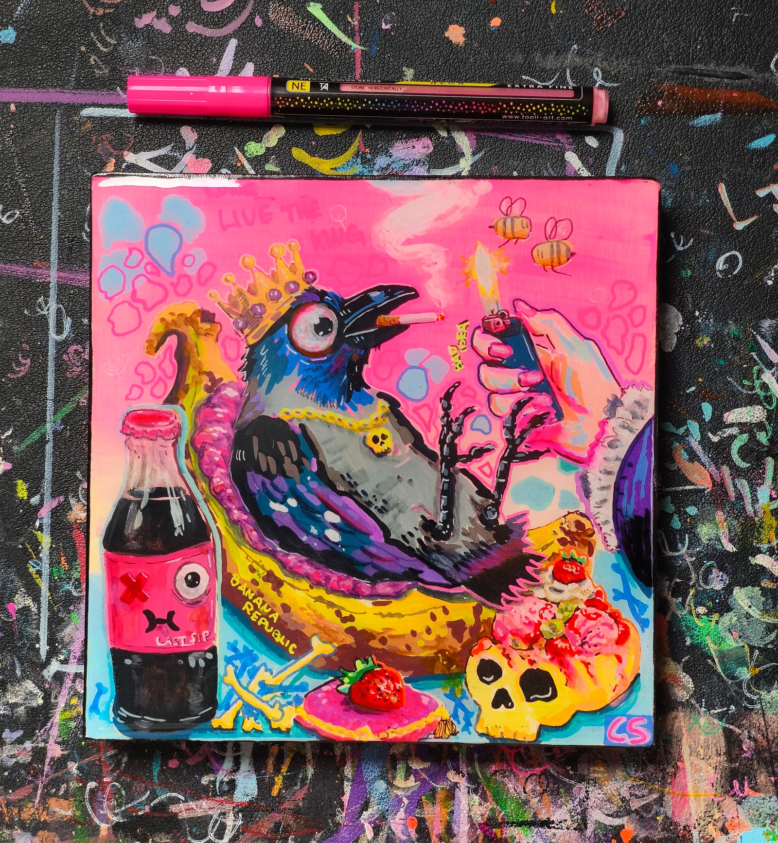 Surreal crow throne original artwork in Candy Decay style by Paintranger, colorful cute creepy painting on wood panel with crow, banana throne and dark whimsical details
