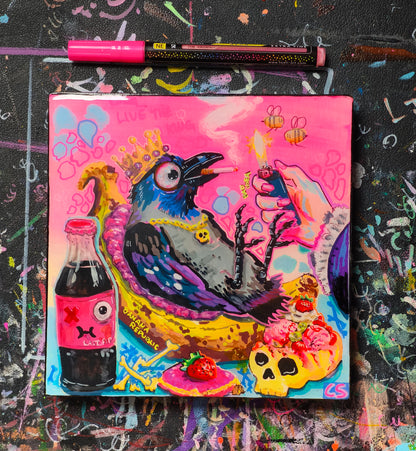 Surreal crow throne original artwork in Candy Decay style by Paintranger, colorful cute creepy painting on wood panel with crow, banana throne and dark whimsical details
