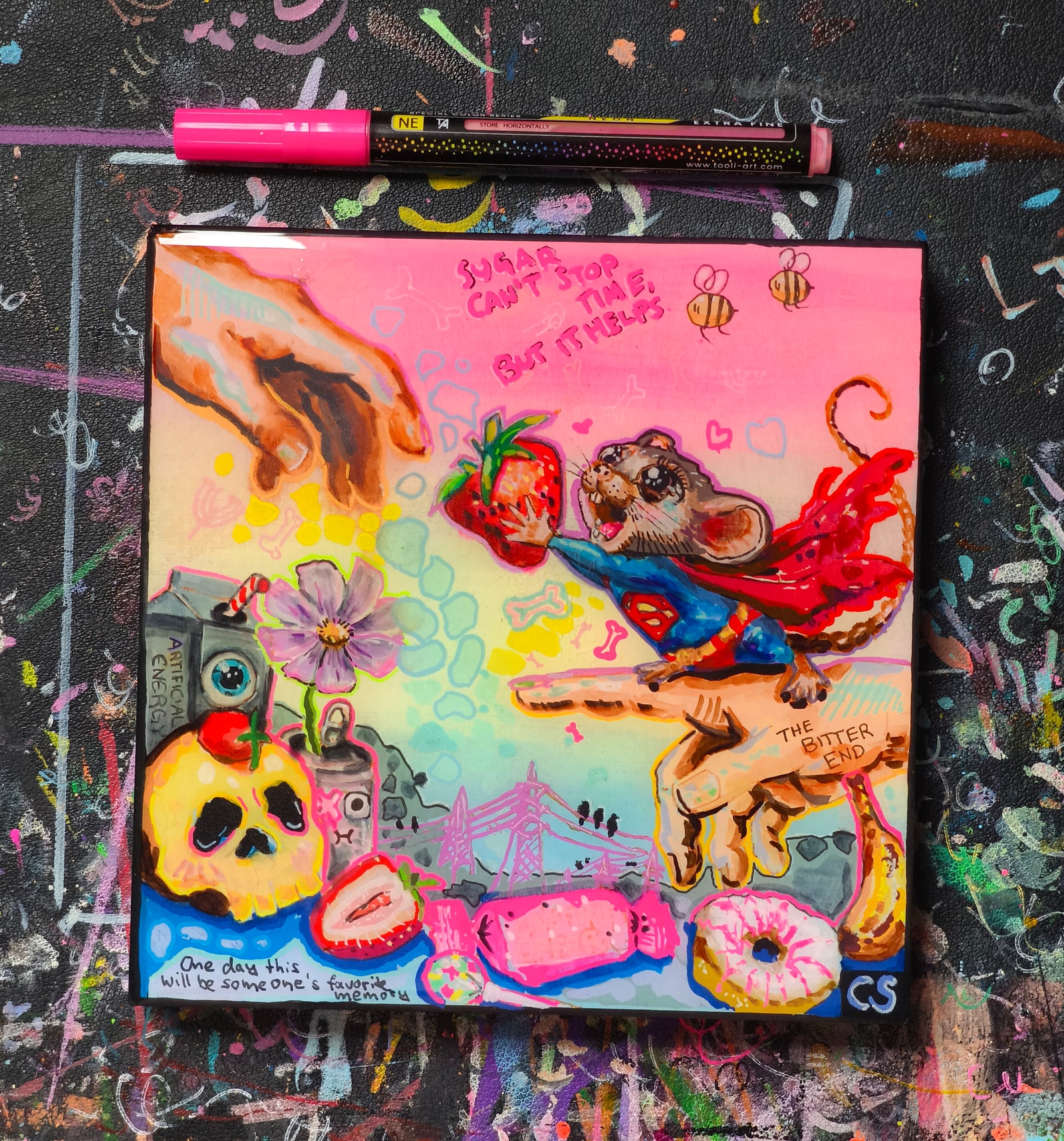 Original 15x15 cm Candy Decay artwork by Paintranger. A colorful surreal mixed media painting about creation, beauty, time and impermanence.