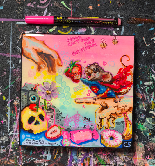 Original 15x15 cm Candy Decay artwork by Paintranger. A colorful surreal mixed media painting about creation, beauty, time and impermanence.