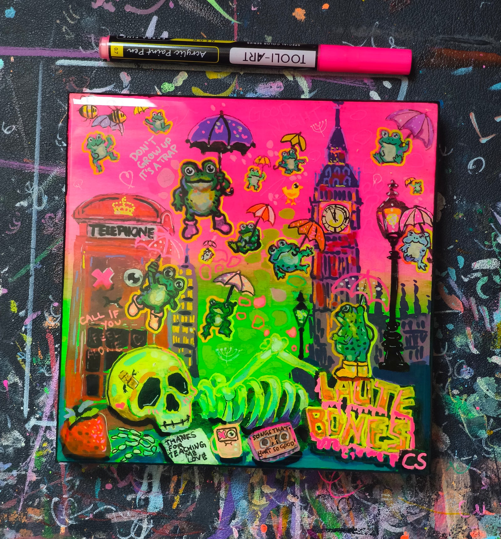 Surreal frog rain original artwork in Candy Decay style by Paintranger, colorful cute creepy painting on wood panel with frogs, umbrellas and whimsical rainy sky details