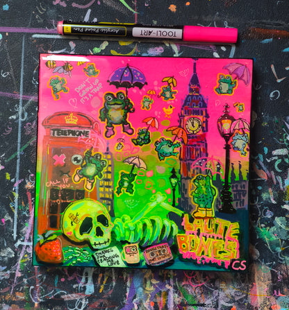 Surreal frog rain original artwork in Candy Decay style by Paintranger, colorful cute creepy painting on wood panel with frogs, umbrellas and whimsical rainy sky details