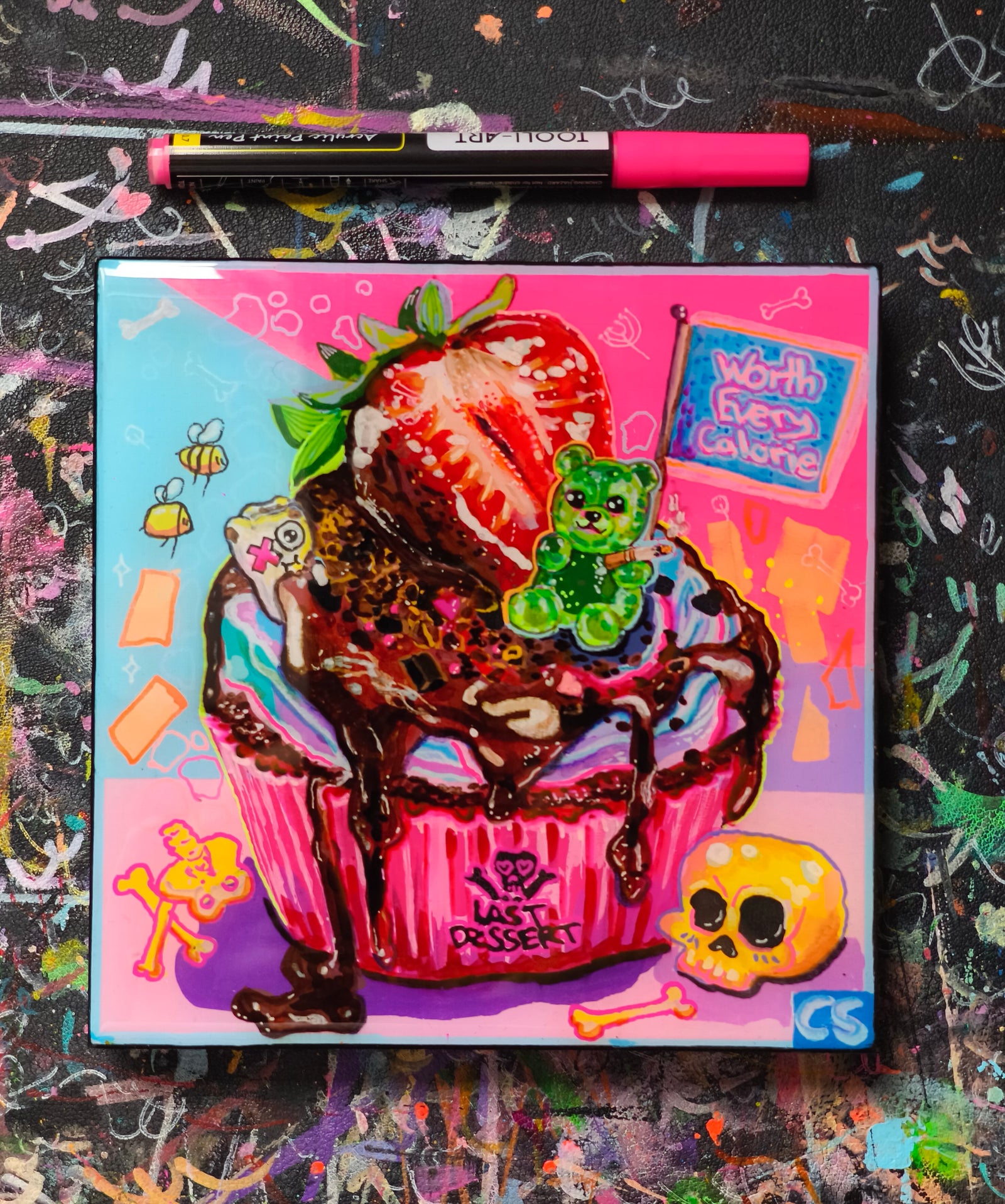 Cute creepy skull cupcake original artwork in Candy Decay style by Paintranger, colorful surreal dessert painting on wood panel with smoking gummy bear and dark cute details