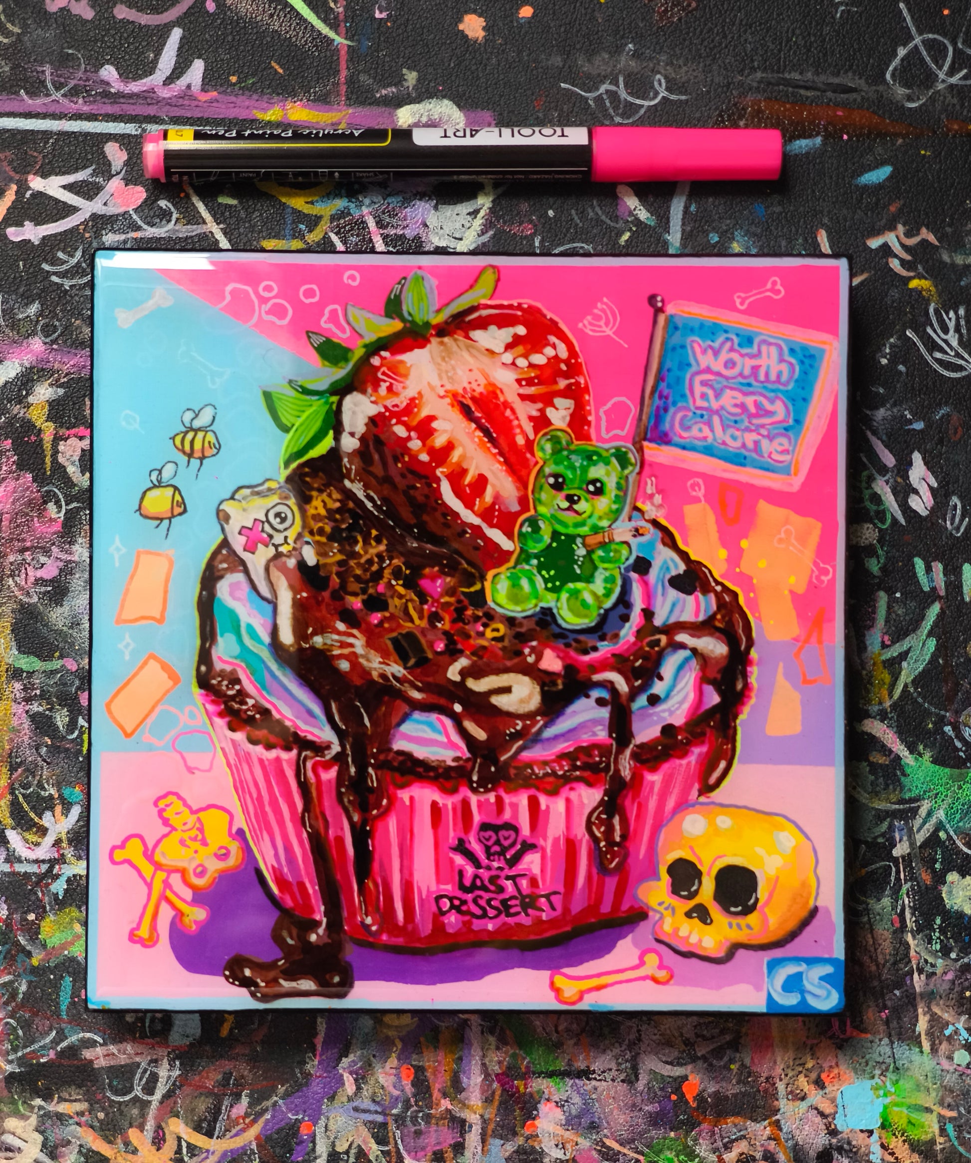 Cute creepy skull cupcake original artwork in Candy Decay style by Paintranger, colorful surreal dessert painting on wood panel with smoking gummy bear and dark cute details