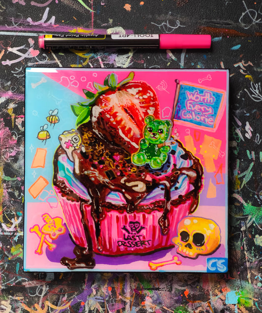 Cute creepy skull cupcake original artwork in Candy Decay style by Paintranger, colorful surreal dessert painting on wood panel with smoking gummy bear and dark cute details