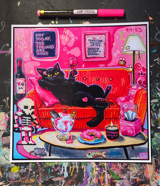 Not Today, The Feelings Are Huge – Buntes Katzen-Kunstdruck | Candy Decay Kunstwerk