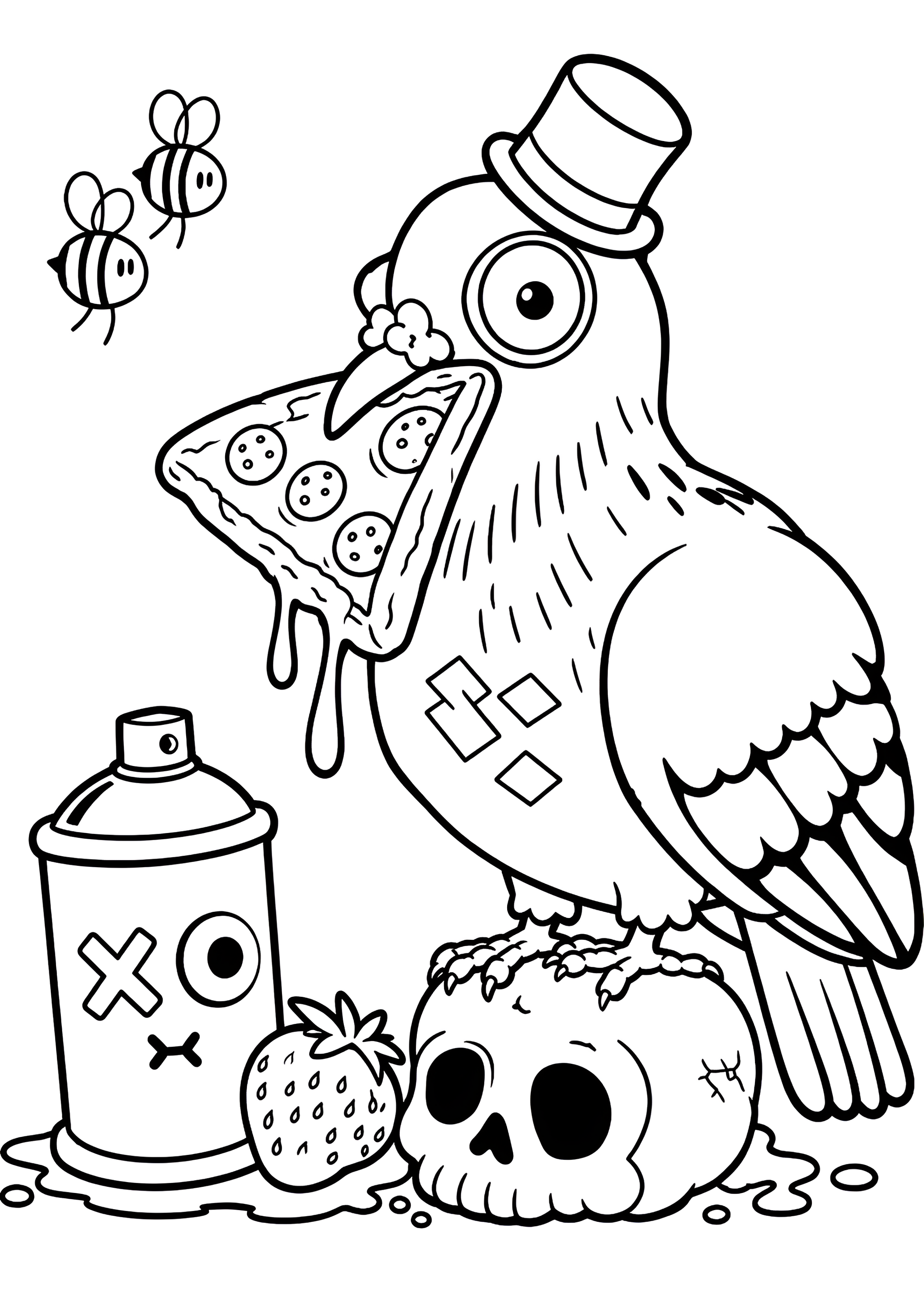 Black-and-white coloring page featuring a quirky pigeon wearing a top hat and standing on a skull while holding a dripping slice of pizza in its beak. A spray paint can with a cartoon face and a strawberry sit beside it, while two bees buzz nearby. The illustration is drawn with bold, clean outlines and large open spaces for coloring, inspired by street art and pop-surrealism. The playful composition combines cute and macabre elements, creating a whimsical Candy Decay-style scene with strong 