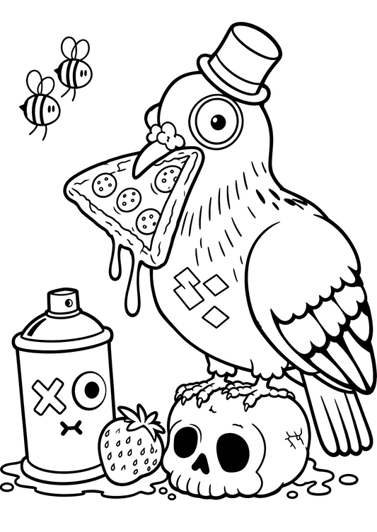 Black-and-white coloring page featuring a quirky pigeon wearing a top hat and standing on a skull while holding a dripping slice of pizza in its beak. A spray paint can with a cartoon face and a strawberry sit beside it, while two bees buzz nearby. The illustration is drawn with bold, clean outlines and large open spaces for coloring, inspired by street art and pop-surrealism. The playful composition combines cute and macabre elements, creating a whimsical Candy Decay-style scene with strong 