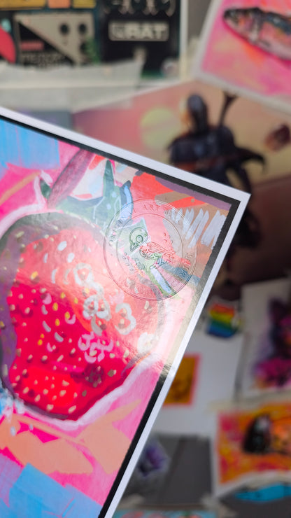 Tongue and Strawberry – Colorful Surreal Wall Art Print | Handsigned Candy Decay Artwork